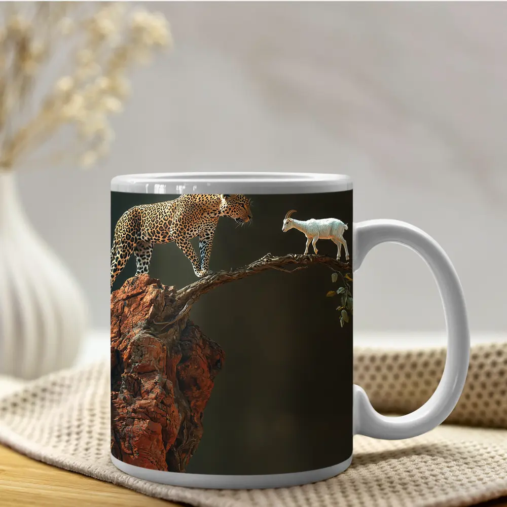Leopard And Goat Facing On Rocky Branch – Mugs