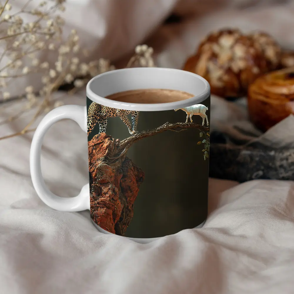 Leopard And Goat Facing On Rocky Branch – Mugs