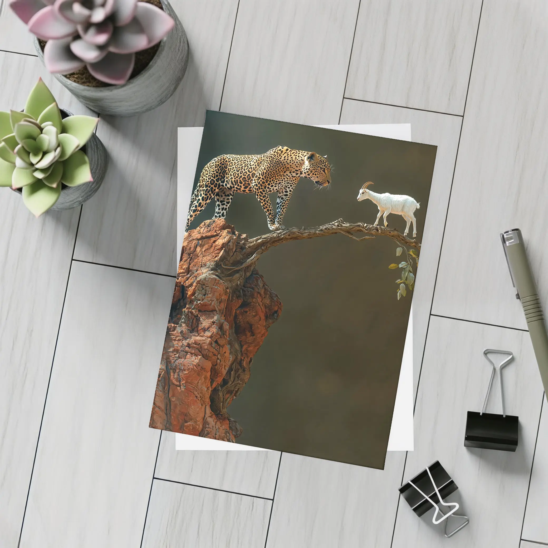 Leopard And Goat Facing On Rocky Branch – Postcards