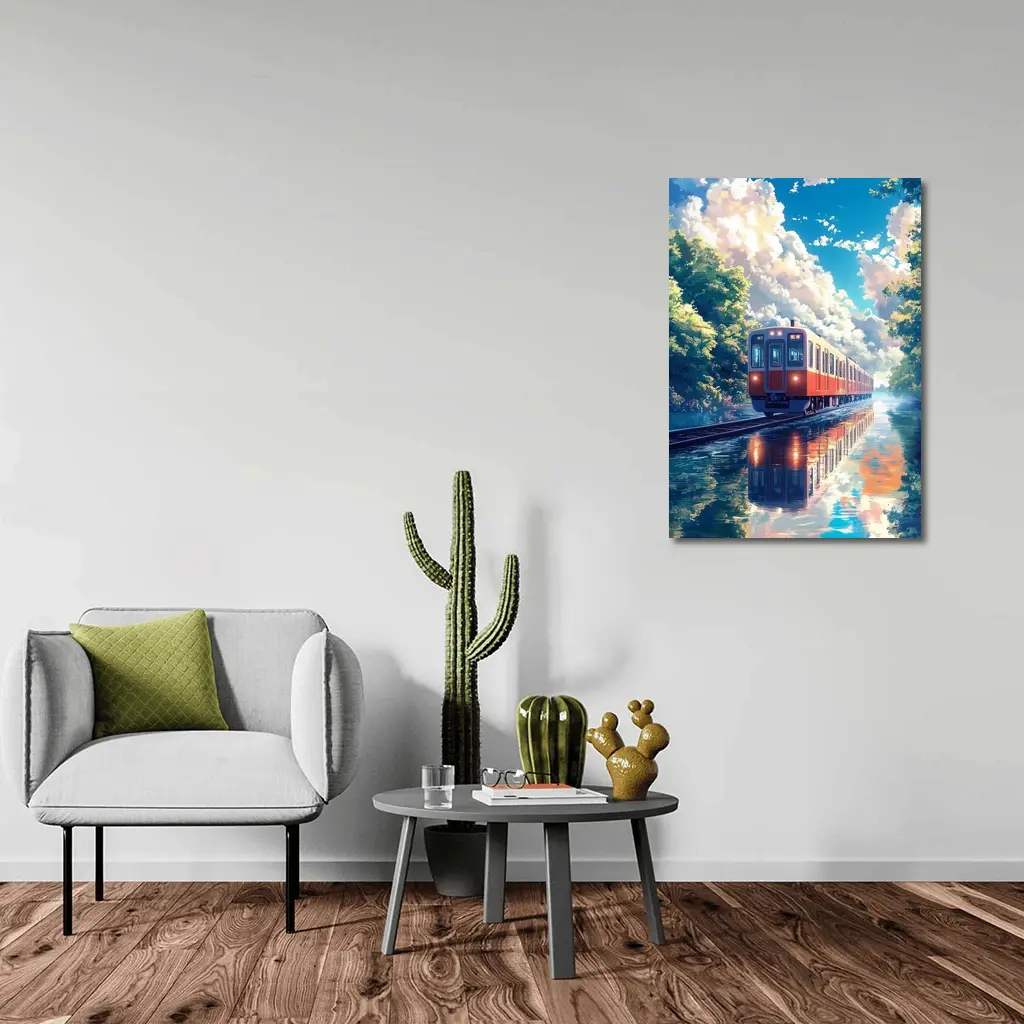 Anime Red Train Reflecting Flooded Forest Tracks – Wall Art