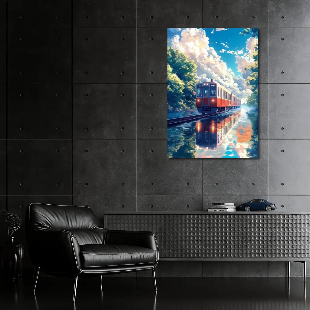 Anime Red Train Reflecting Flooded Forest Tracks – Wall Art