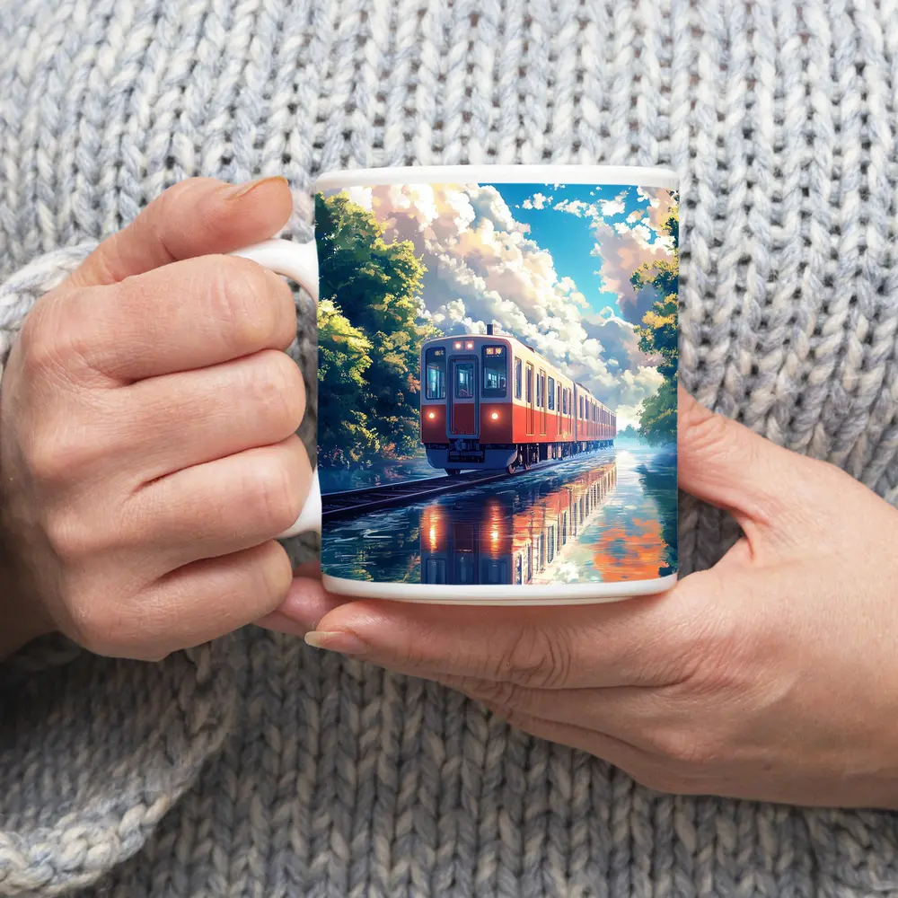 Anime Red Train Reflecting Flooded Forest Tracks – Mugs