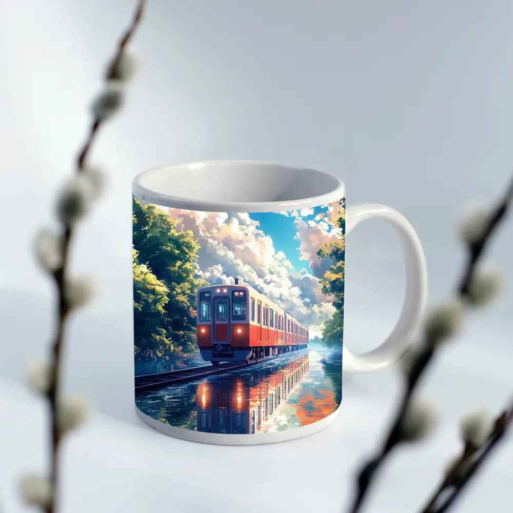 Anime Red Train Reflecting Flooded Forest Tracks – Mugs