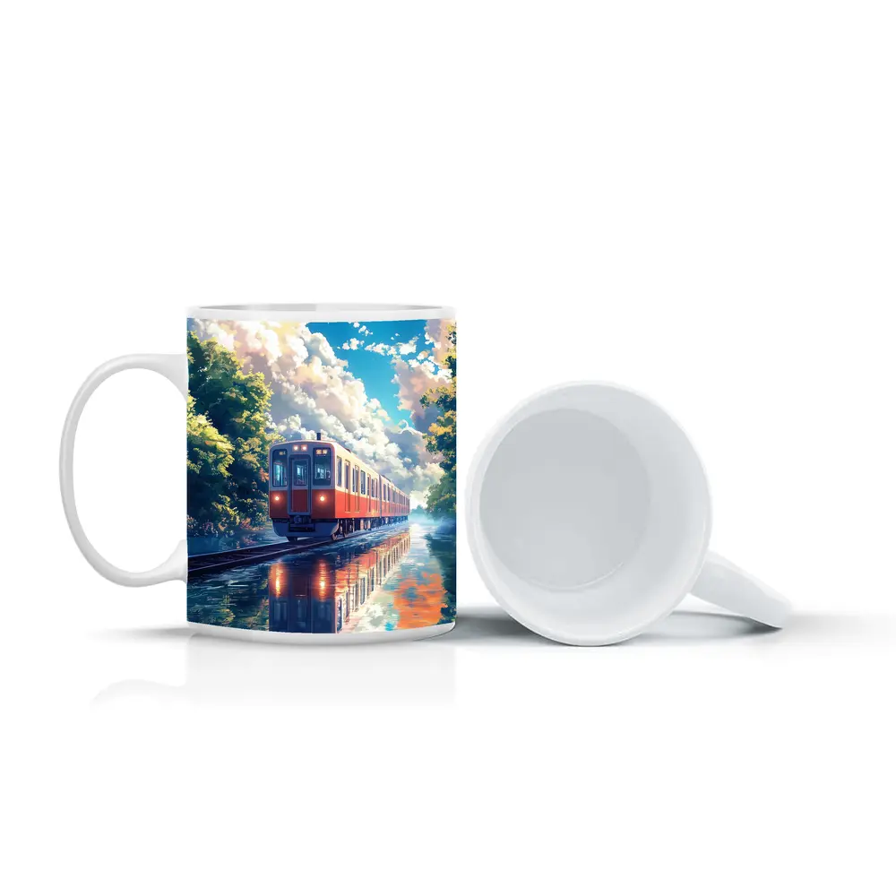 Anime Red Train Reflecting Flooded Forest Tracks – Mugs