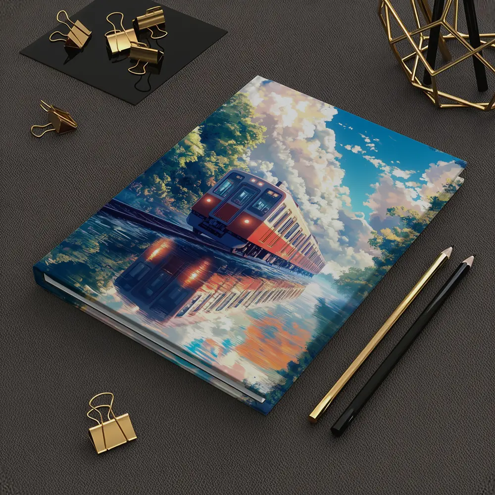 Anime Red Train Reflecting Flooded Forest Tracks – Notebooks