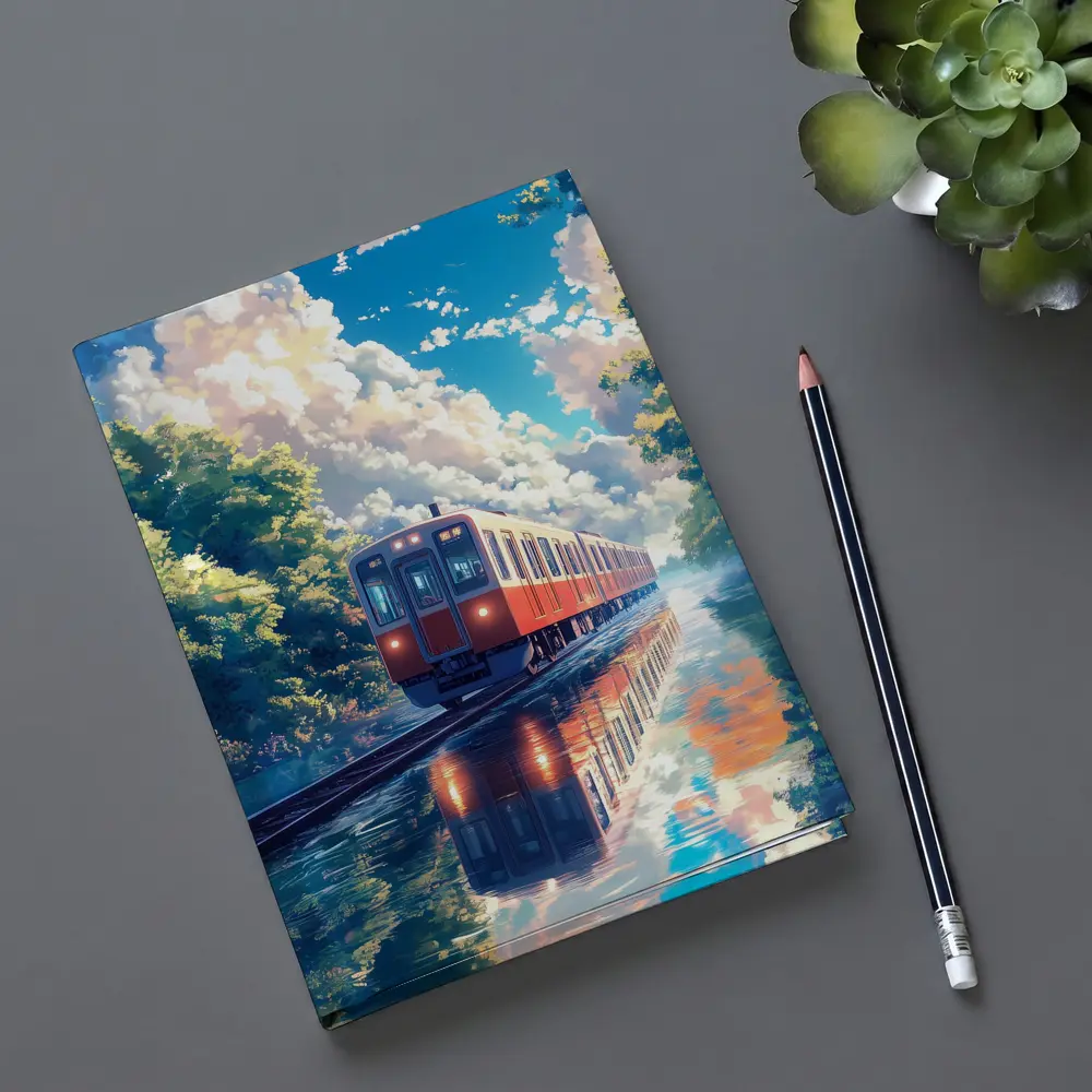 Anime Red Train Reflecting Flooded Forest Tracks – Notebooks