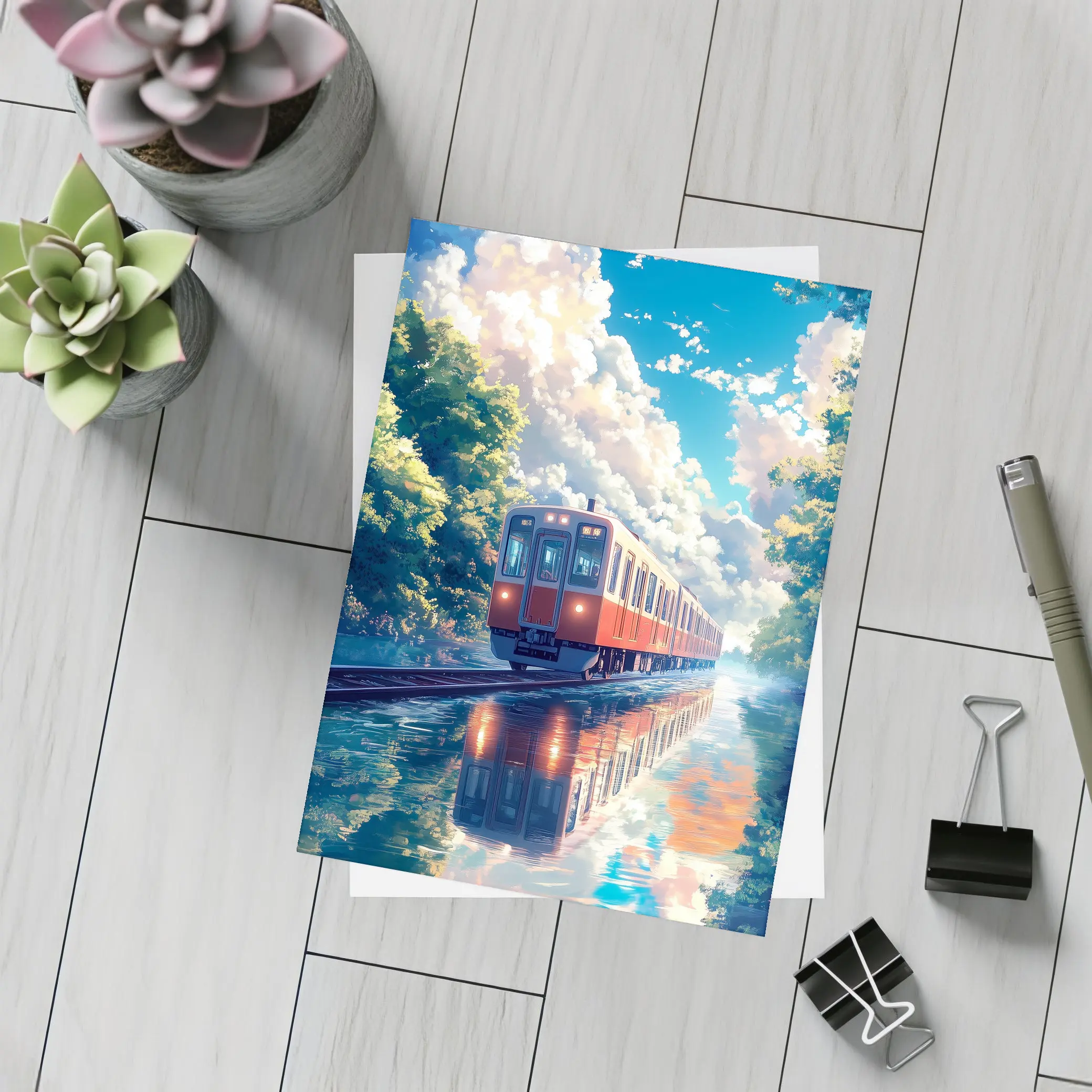 Anime Red Train Reflecting Flooded Forest Tracks – Postcards