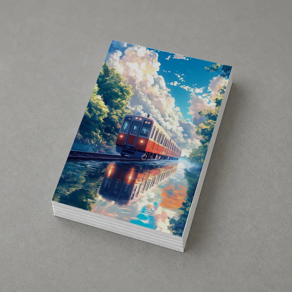 Anime Red Train Reflecting Flooded Forest Tracks – Postcards