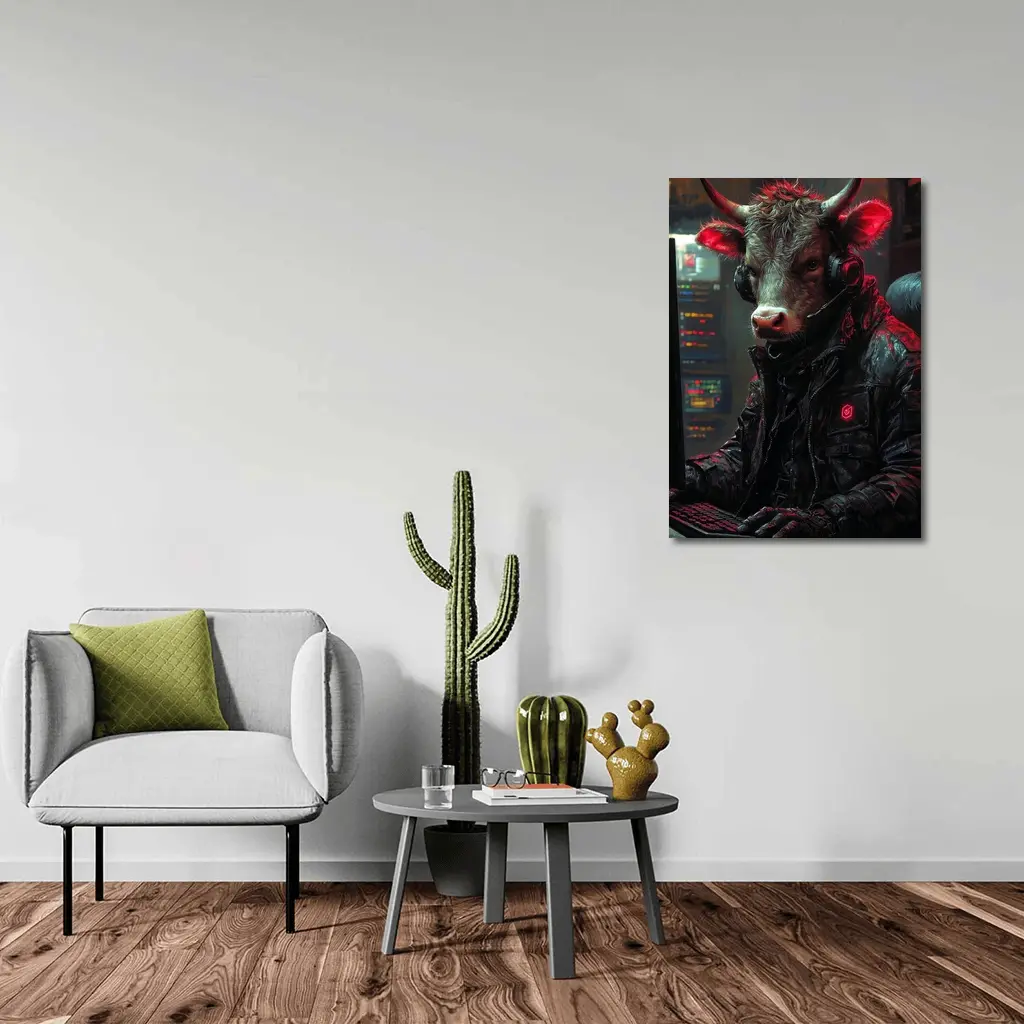 Bull Cyberpunk Hacker at Computer Dark – Wall Art