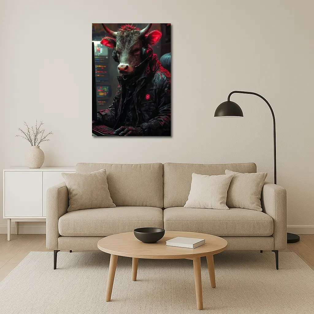 Bull Cyberpunk Hacker at Computer Dark – Wall Art