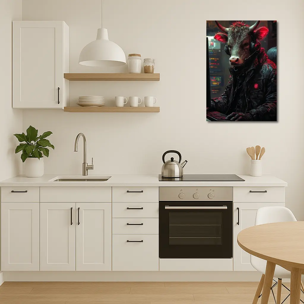 Bull Cyberpunk Hacker at Computer Dark – Wall Art