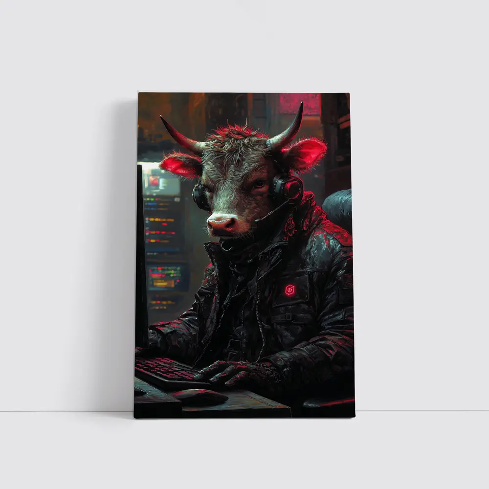 Bull Cyberpunk Hacker at Computer Dark – Wall Art