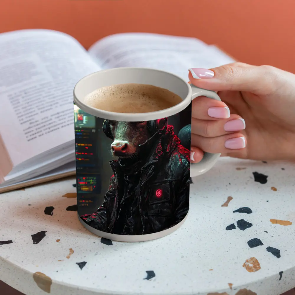 Bull Cyberpunk Hacker at Computer Dark – Mugs