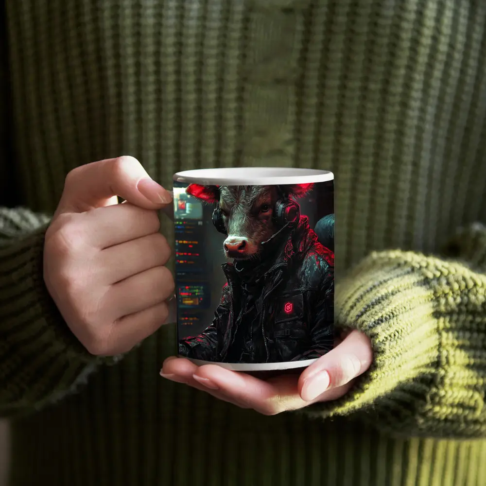 Bull Cyberpunk Hacker at Computer Dark – Mugs