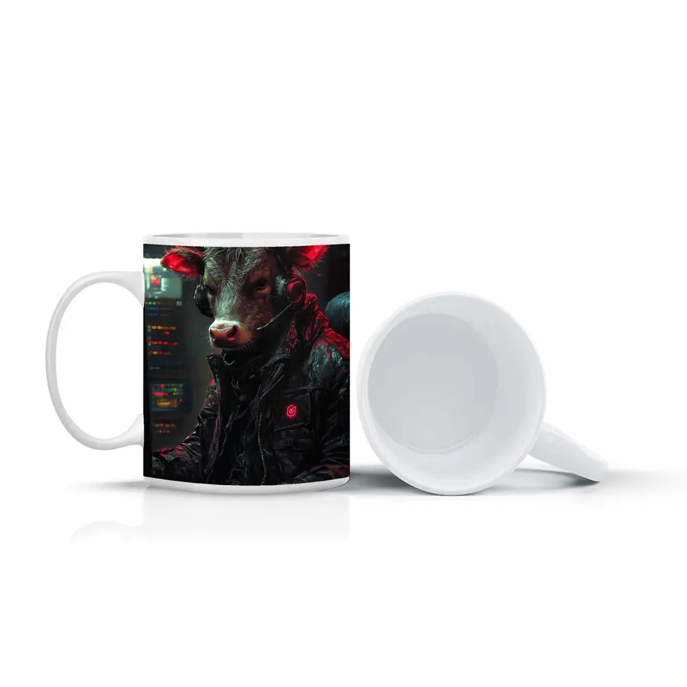 Bull Cyberpunk Hacker at Computer Dark – Mugs