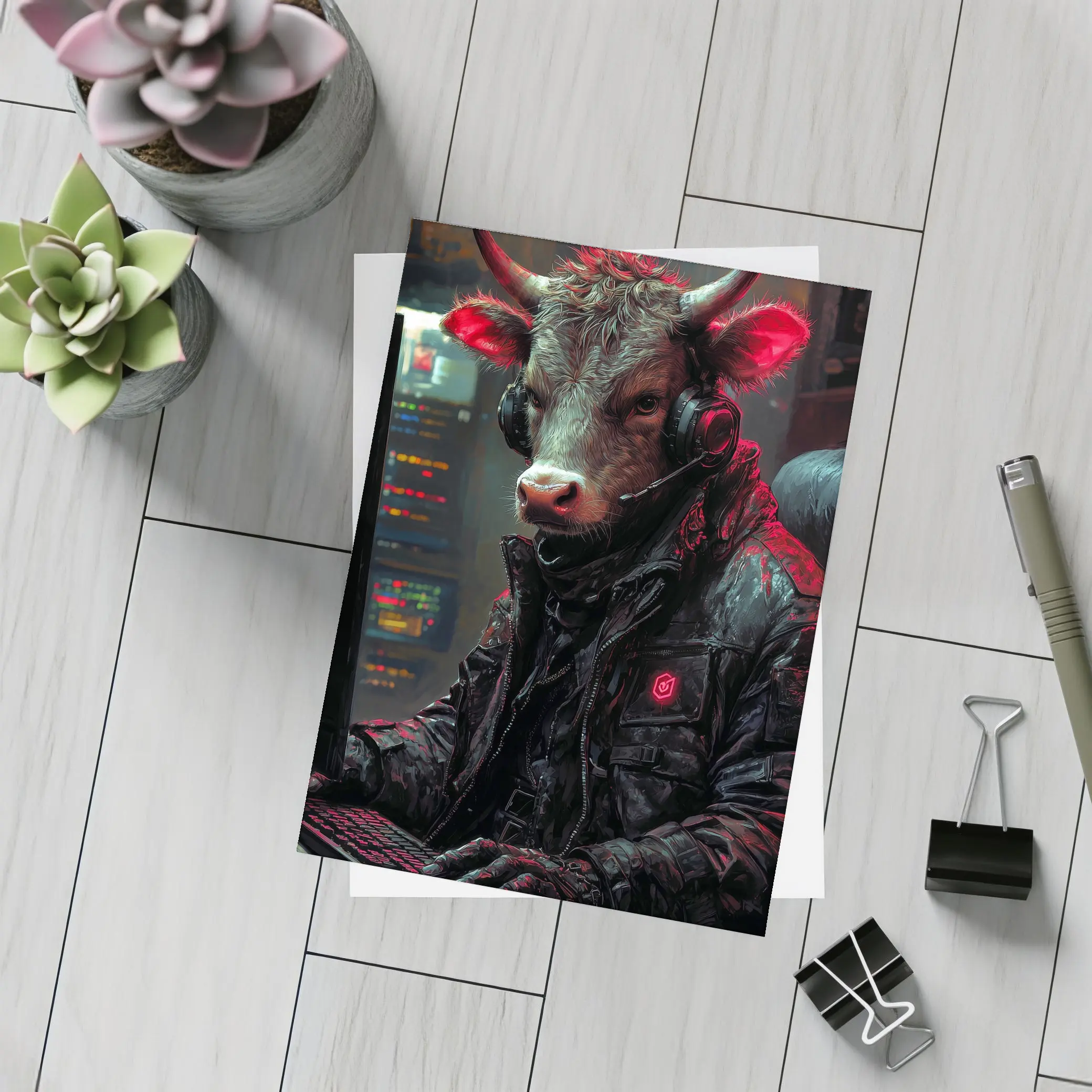 Bull Cyberpunk Hacker at Computer Dark – Postcards