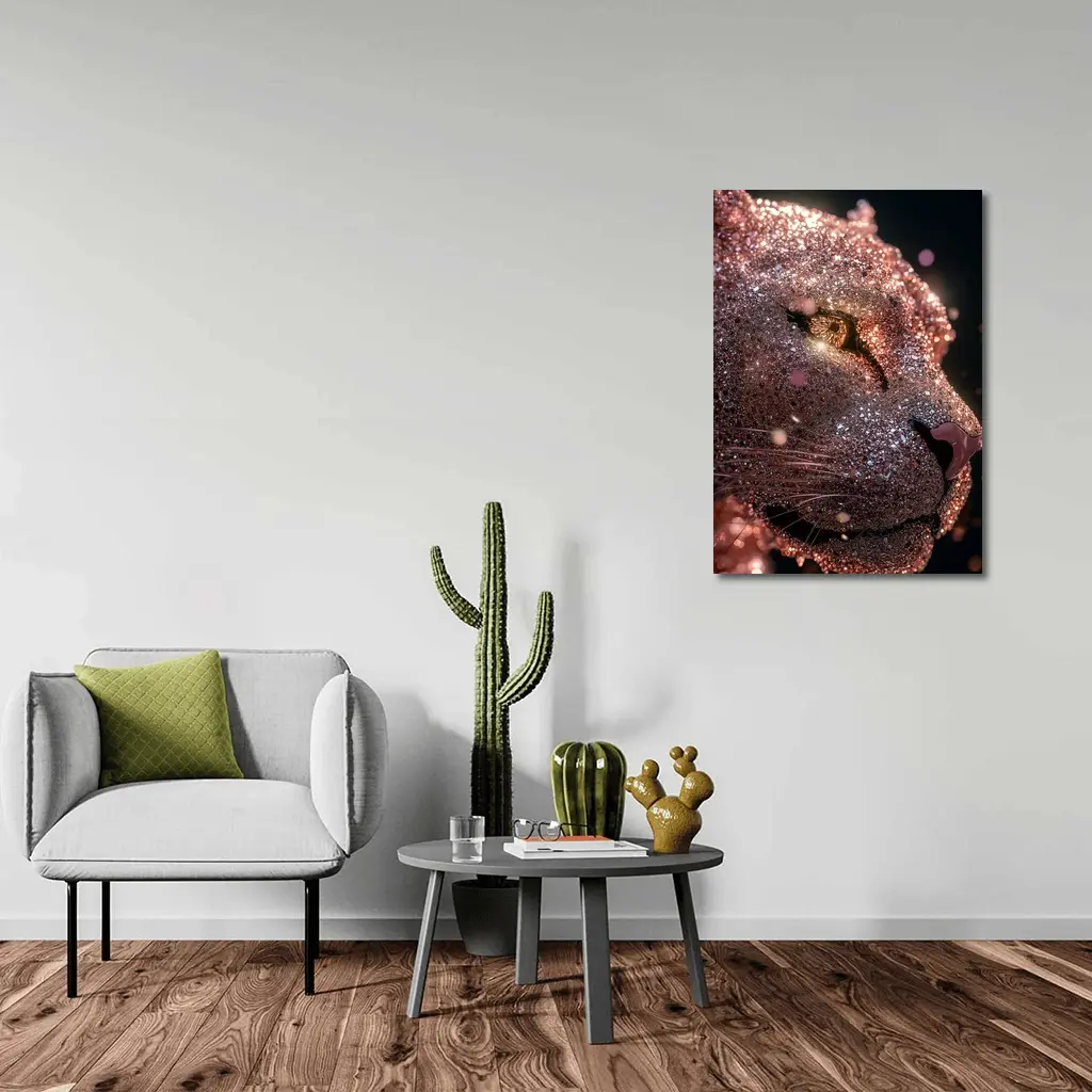 Rose Gold Glitter Lion Portrait Dark Background – Wall Art