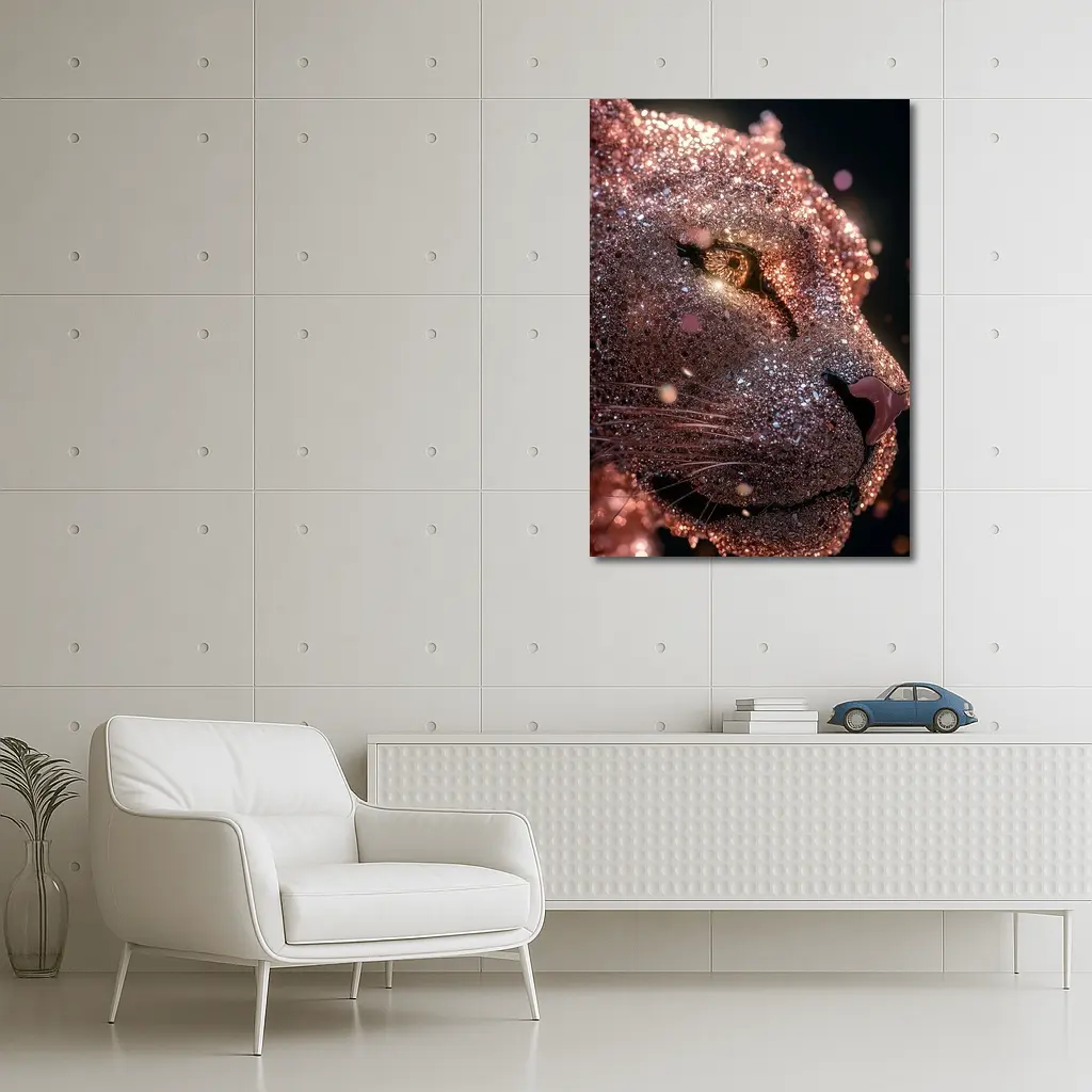 Rose Gold Glitter Lion Portrait Dark Background – Wall Art