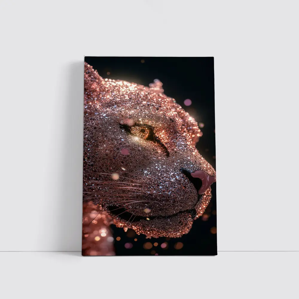 Rose Gold Glitter Lion Portrait Dark Background – Wall Art