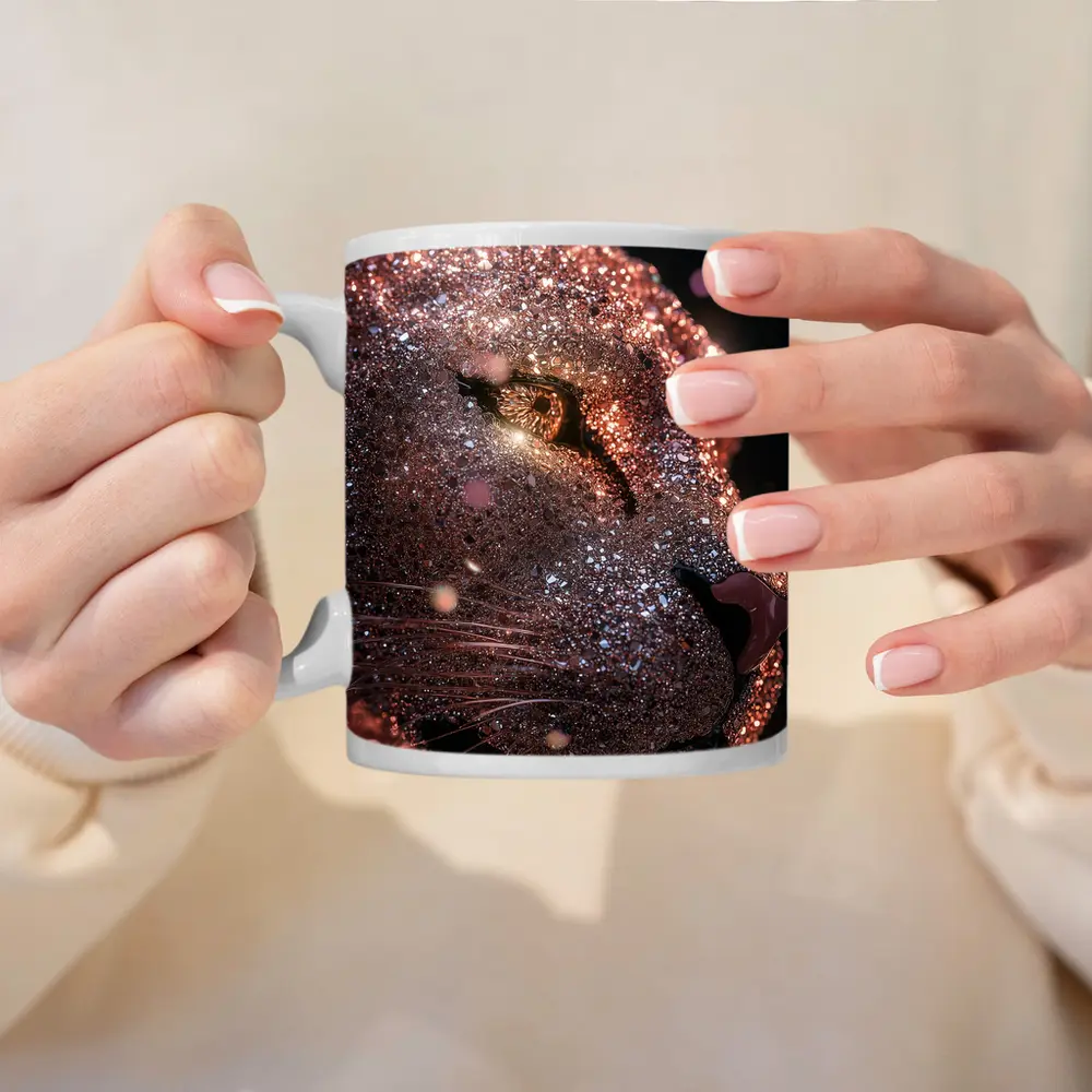 Rose Gold Glitter Lion Portrait Dark Background – Mugs