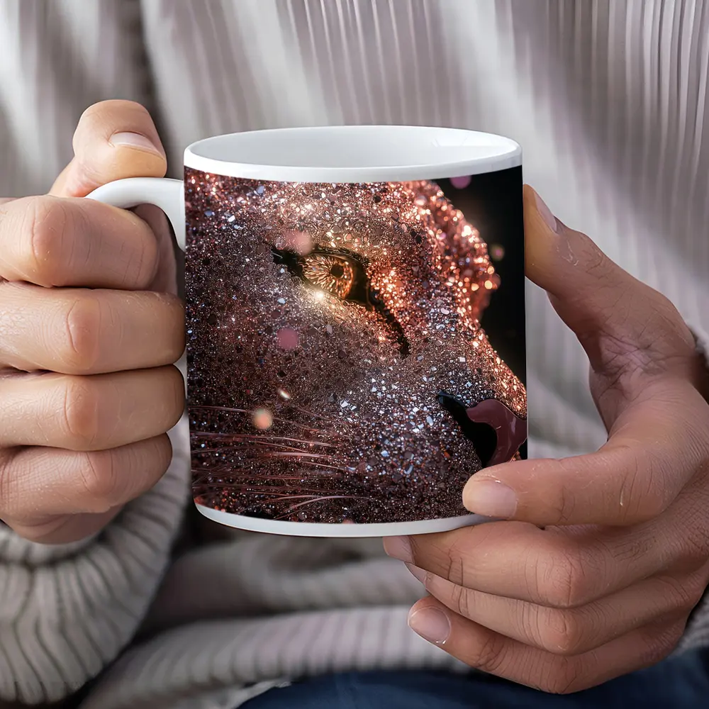 Rose Gold Glitter Lion Portrait Dark Background – Mugs