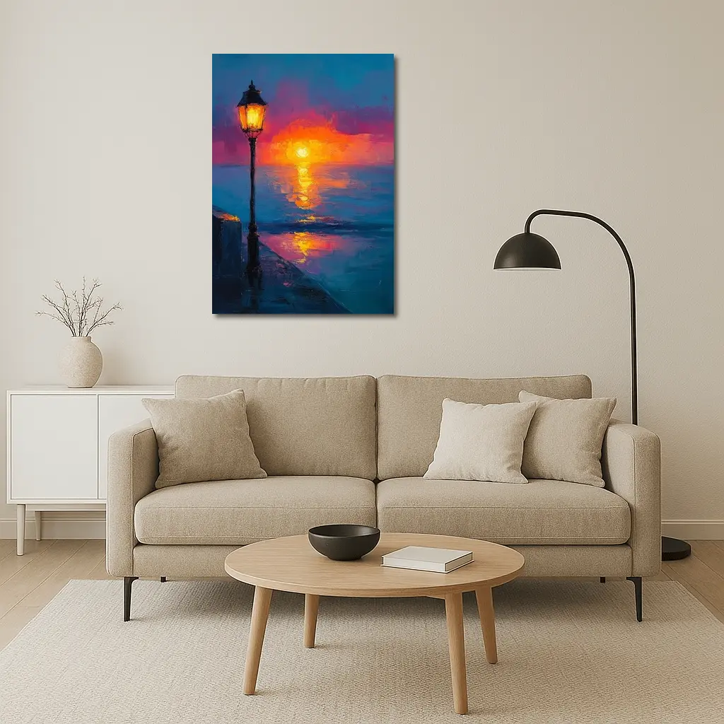 Oil Painting Street Lamp Ocean Sunset – Wall Art
