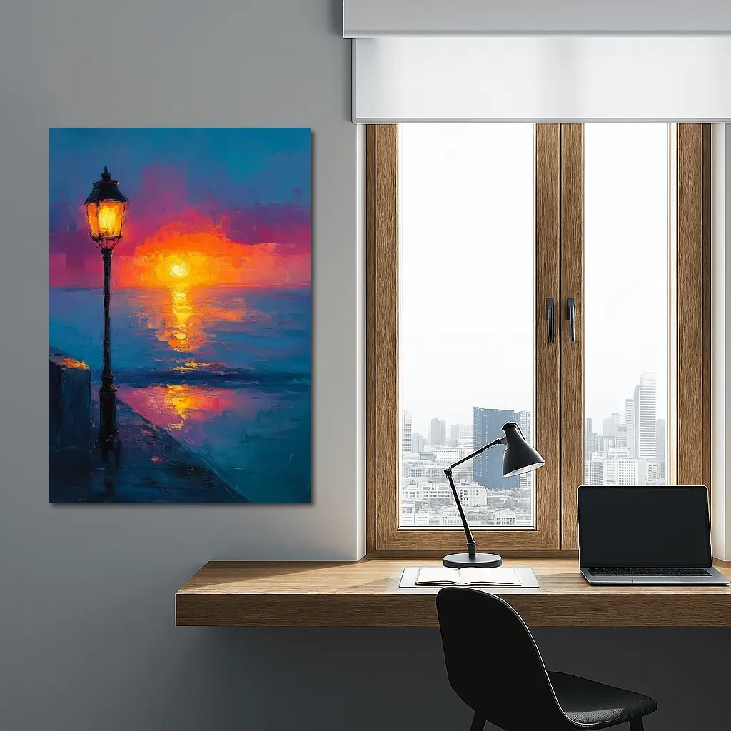 Oil Painting Street Lamp Ocean Sunset – Wall Art