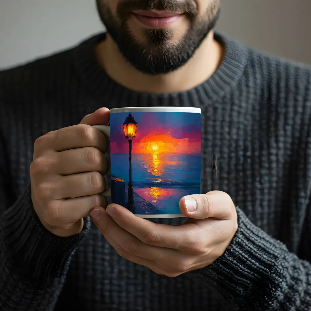 Oil Painting Street Lamp Ocean Sunset – Mugs