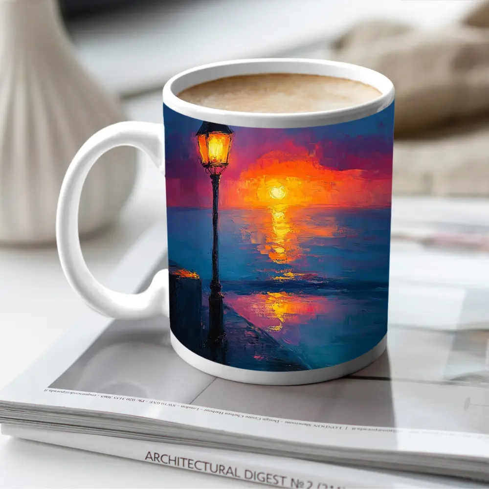 Oil Painting Street Lamp Ocean Sunset – Mugs