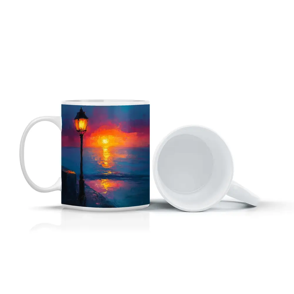 Oil Painting Street Lamp Ocean Sunset – Mugs