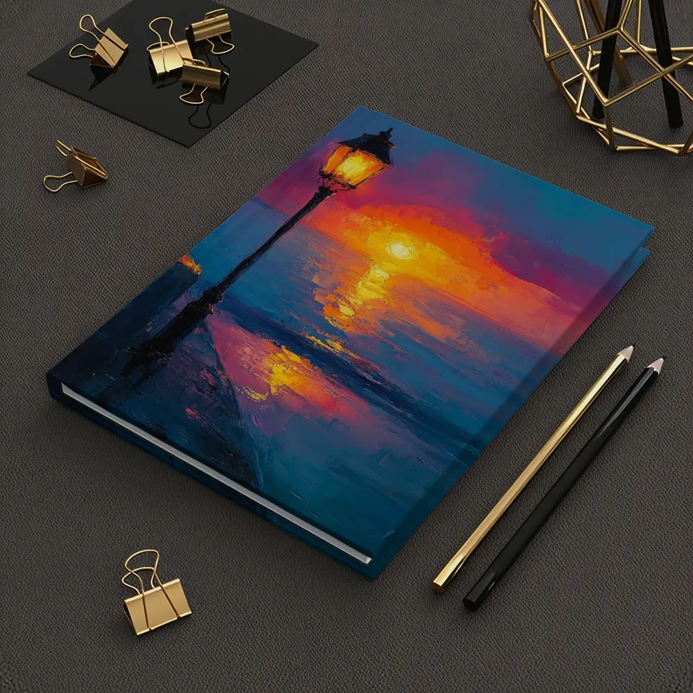 Oil Painting Street Lamp Ocean Sunset – Notebooks