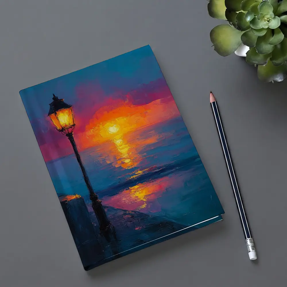 Oil Painting Street Lamp Ocean Sunset – Notebooks