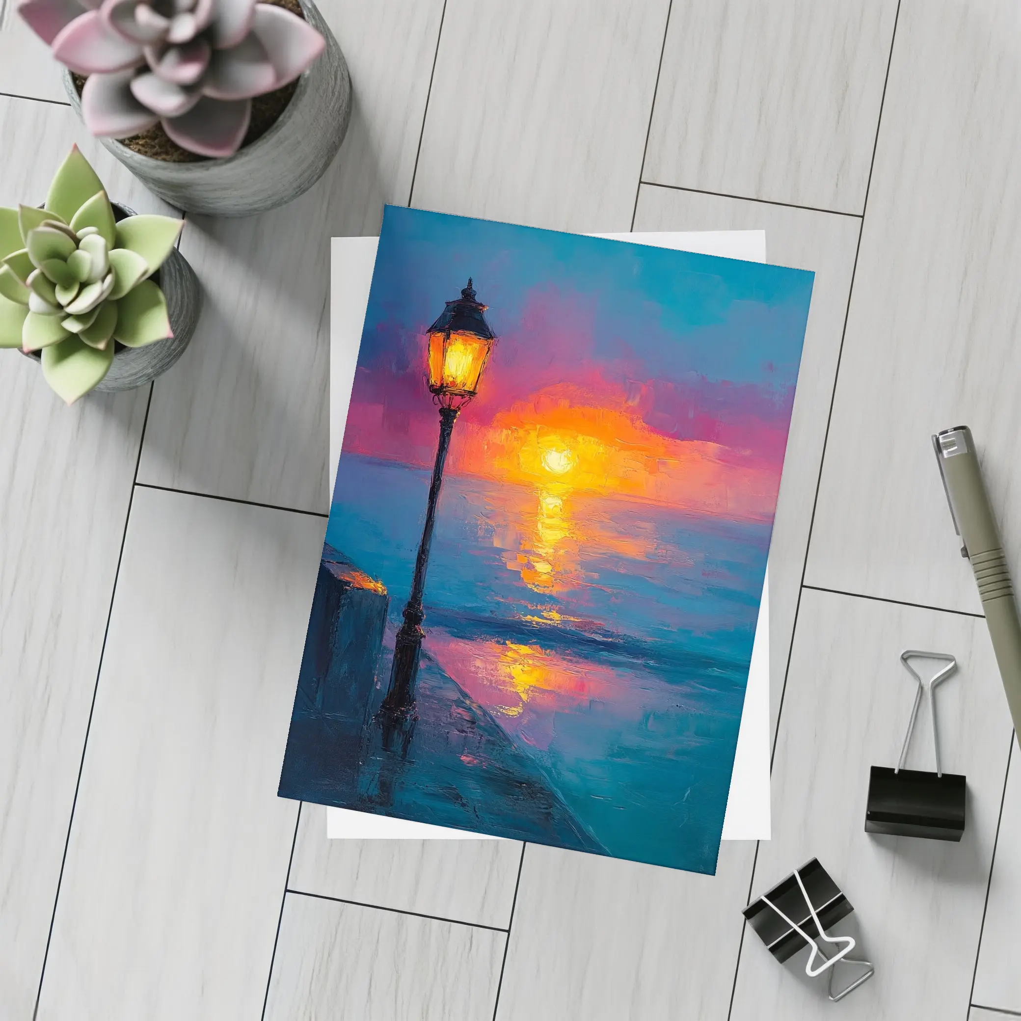Oil Painting Street Lamp Ocean Sunset – Postcards