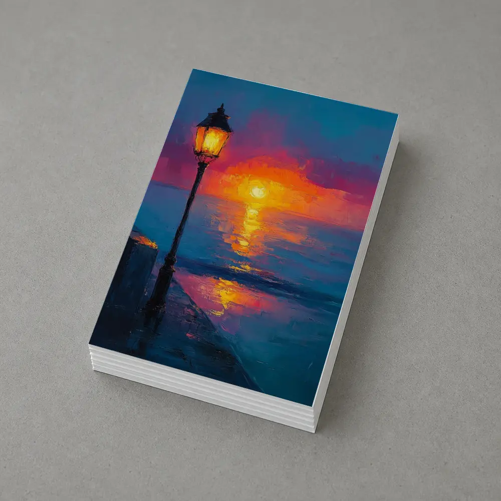 Oil Painting Street Lamp Ocean Sunset – Postcards