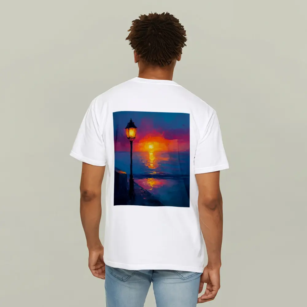 Oil Painting Street Lamp Ocean Sunset – T-Shirts