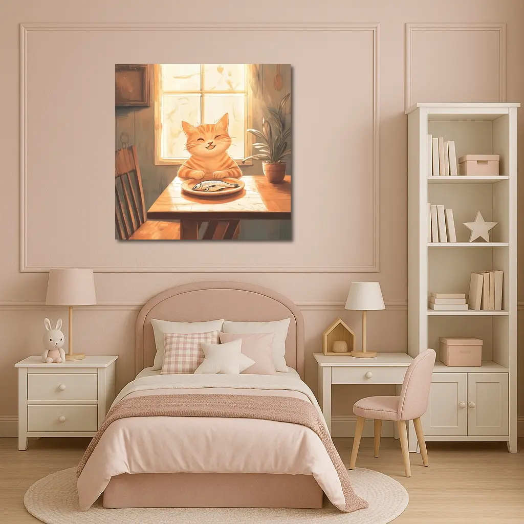 Happy Orange Tabby Cat Eating Fish Illustration – Wall Art