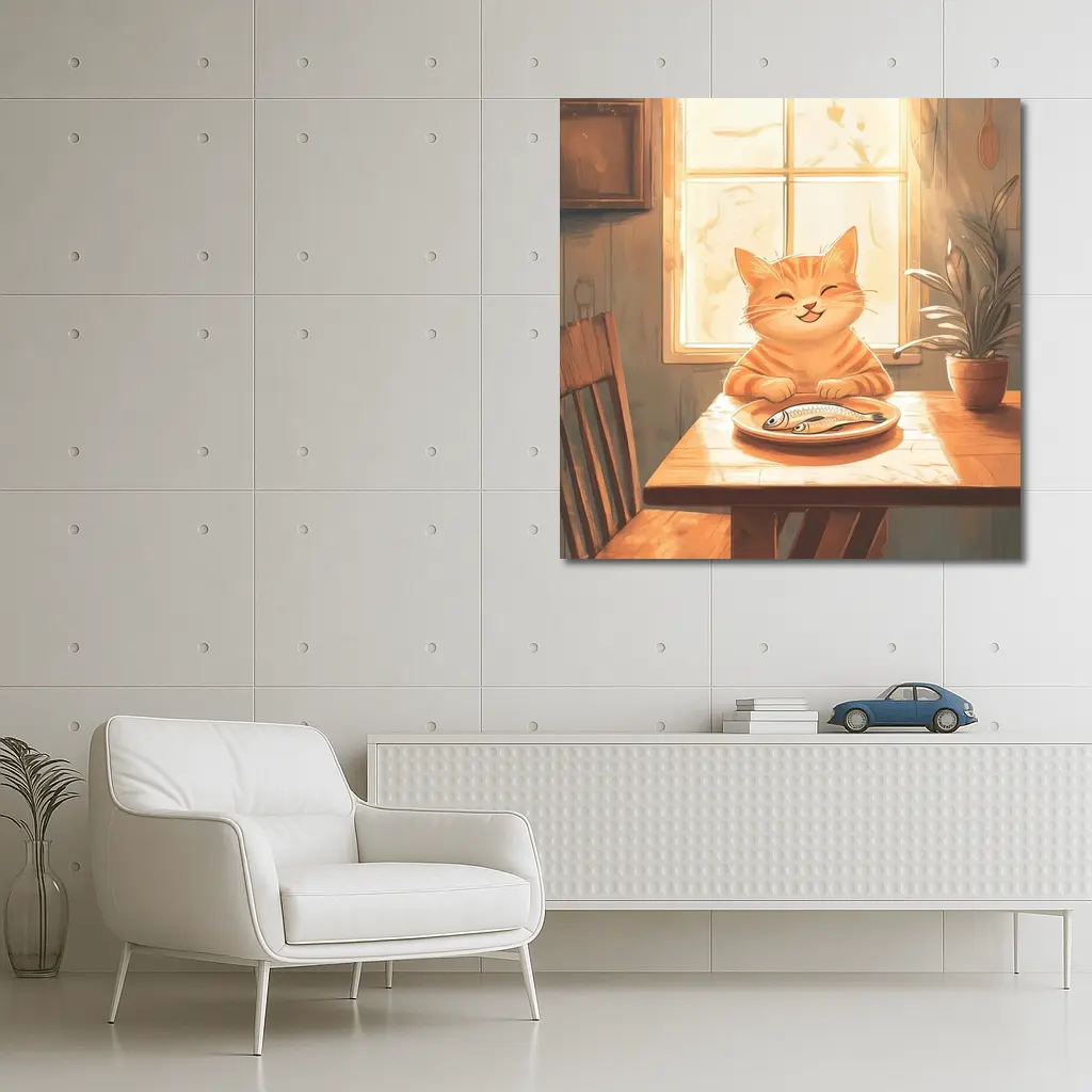 Happy Orange Tabby Cat Eating Fish Illustration – Wall Art