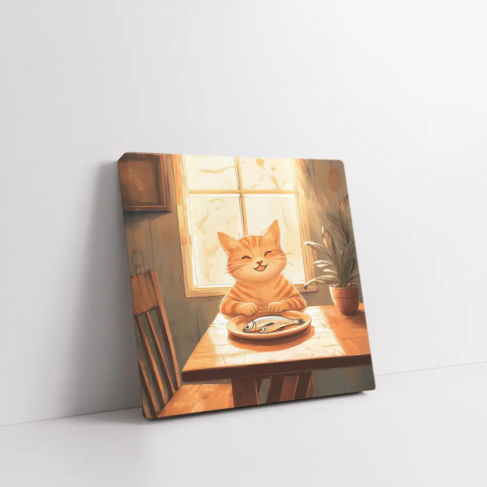 Happy Orange Tabby Cat Eating Fish Illustration – Wall Art