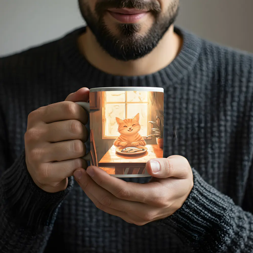 Happy Orange Tabby Cat Eating Fish Illustration – Mugs