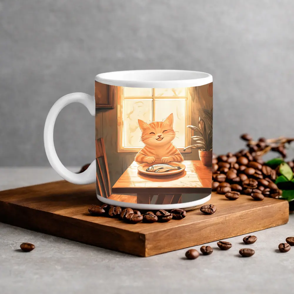 Happy Orange Tabby Cat Eating Fish Illustration – Mugs