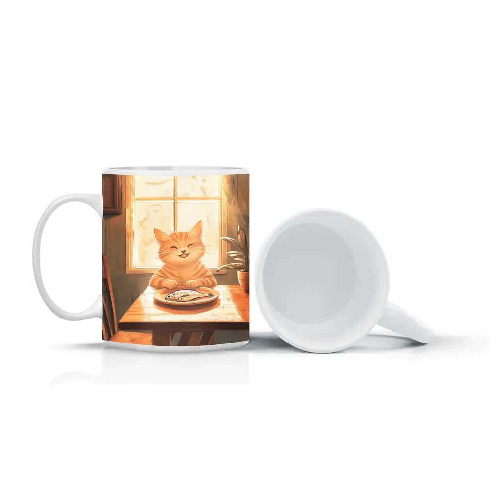 Happy Orange Tabby Cat Eating Fish Illustration – Mugs