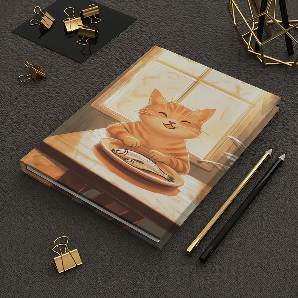 Happy Orange Tabby Cat Eating Fish Illustration – Notebooks