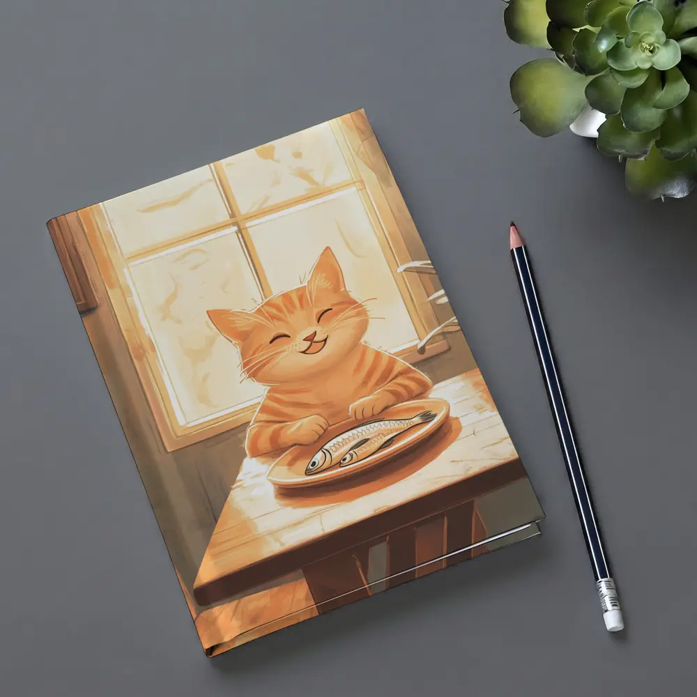 Happy Orange Tabby Cat Eating Fish Illustration – Notebooks