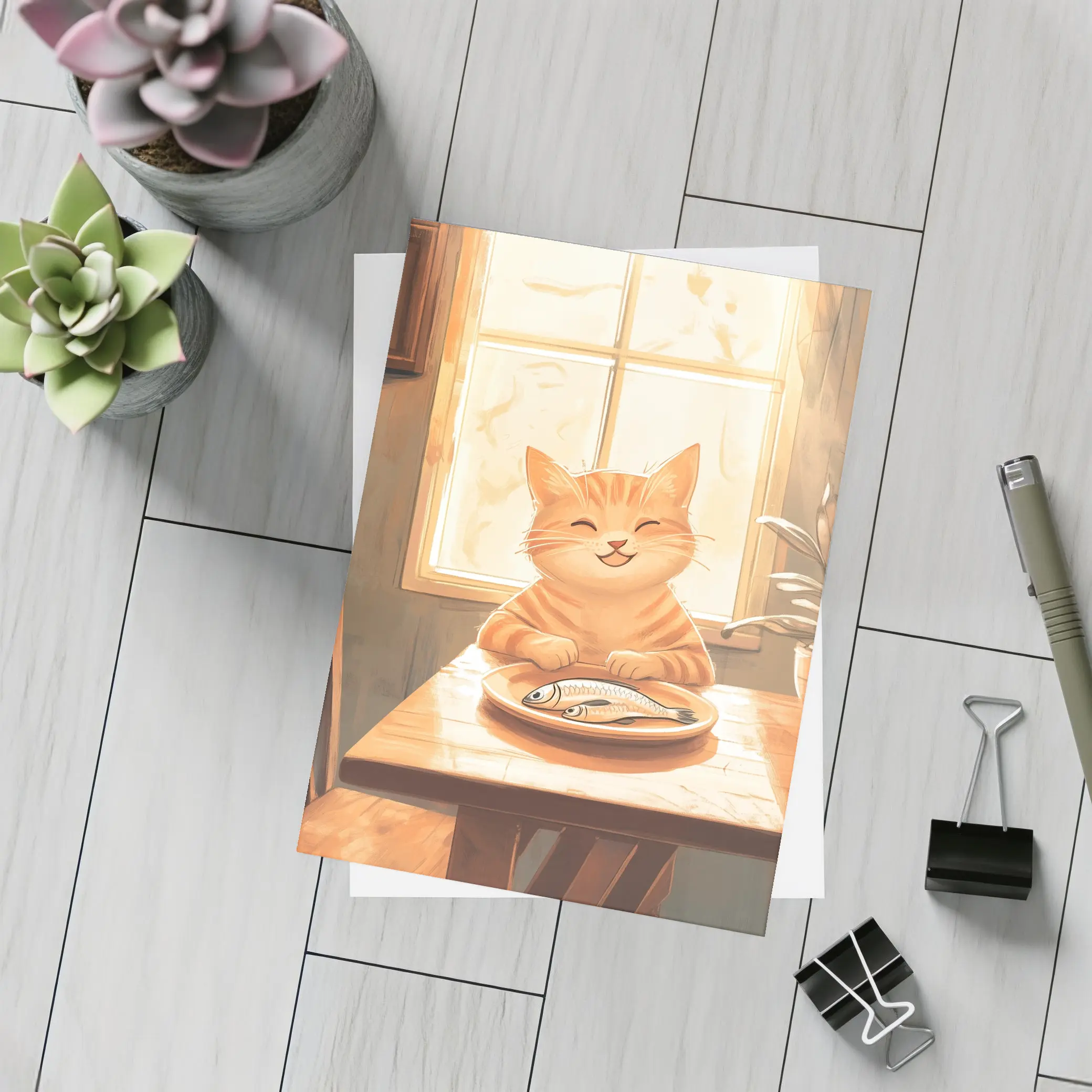 Happy Orange Tabby Cat Eating Fish Illustration – Postcards