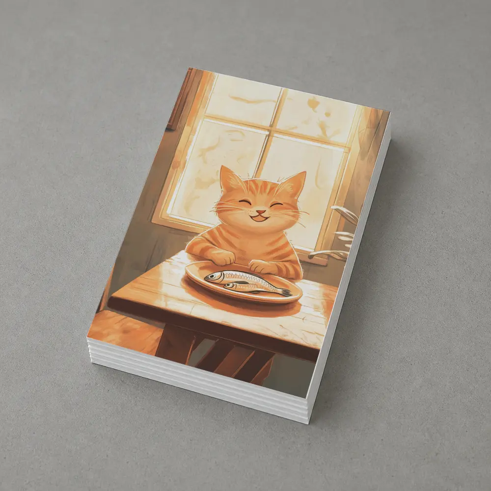 Happy Orange Tabby Cat Eating Fish Illustration – Postcards