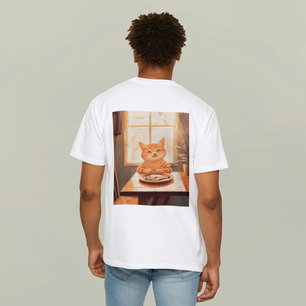 Happy Orange Tabby Cat Eating Fish Illustration – T-Shirts