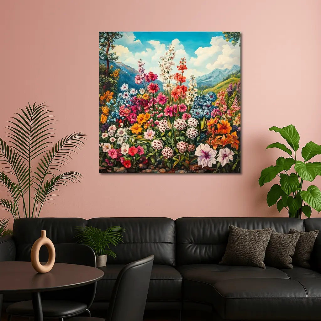 Colorful Wildflowers Garden Mountain Landscape Painting – Wall Art