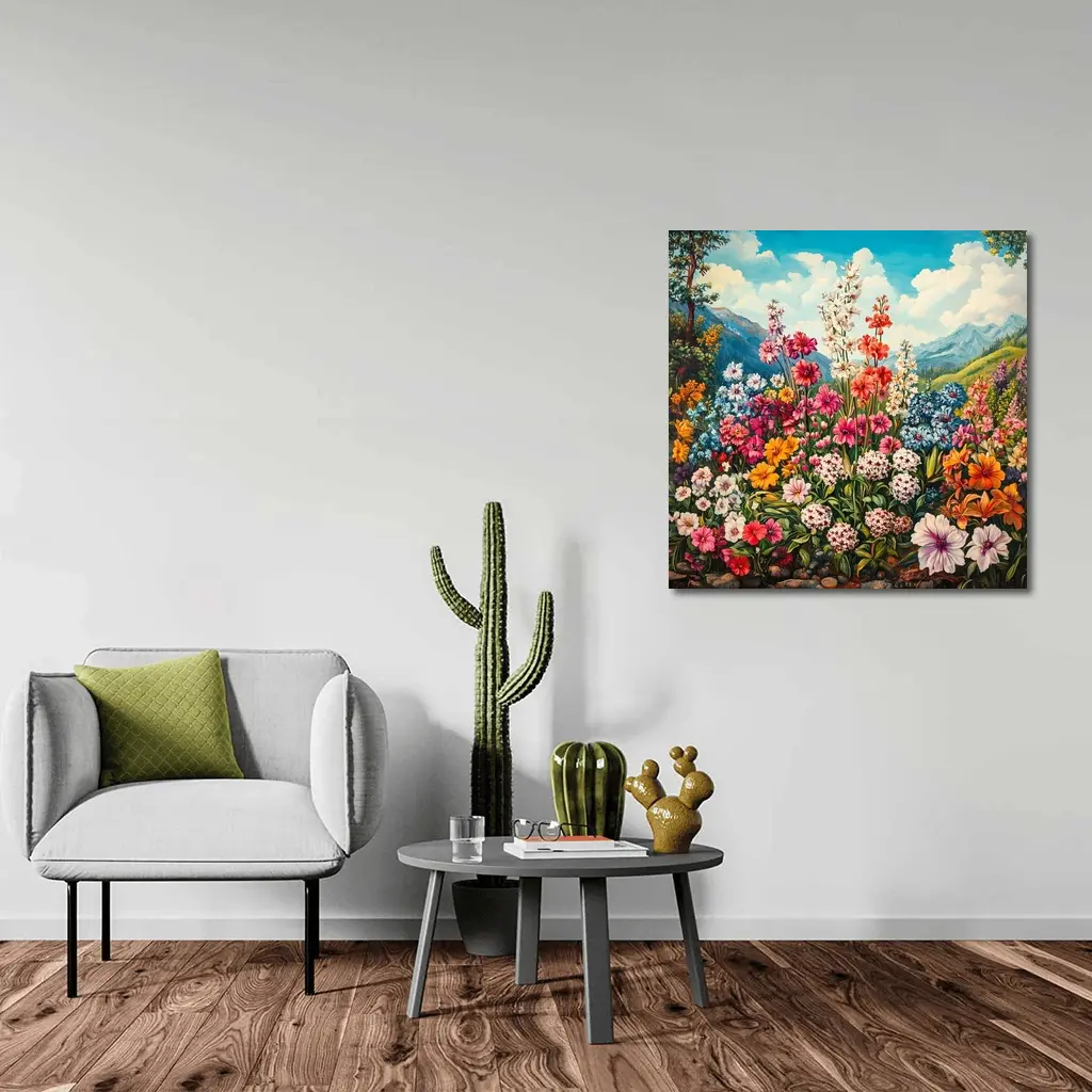 Colorful Wildflowers Garden Mountain Landscape Painting – Wall Art