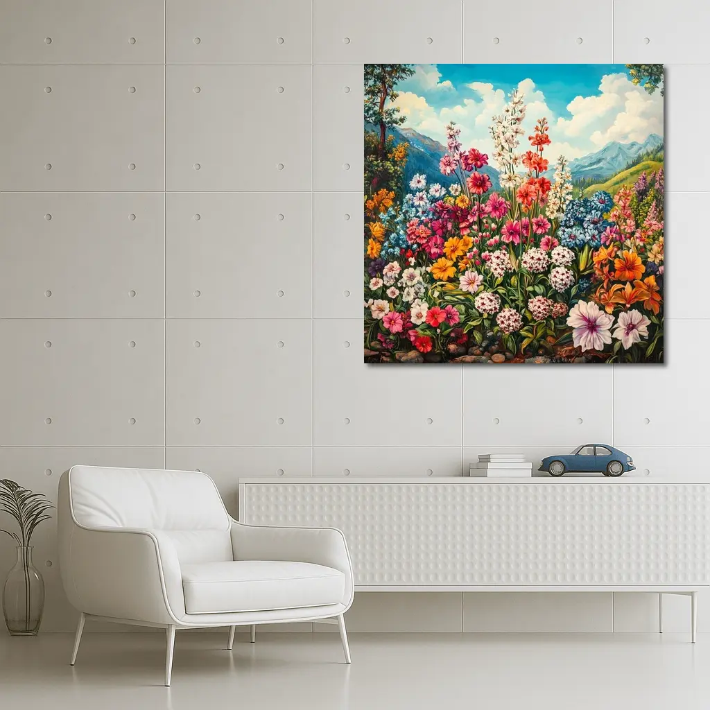 Colorful Wildflowers Garden Mountain Landscape Painting – Wall Art