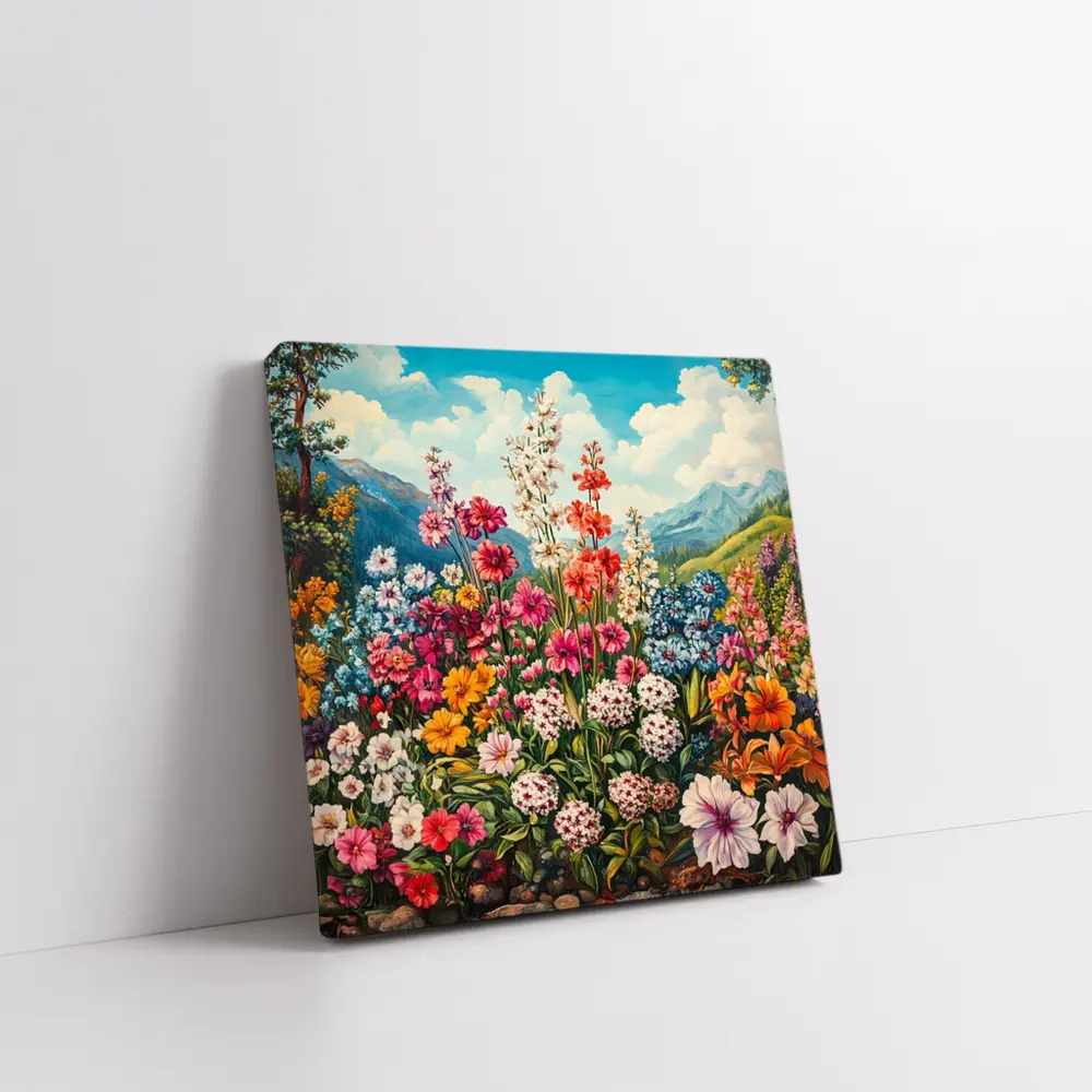 Colorful Wildflowers Garden Mountain Landscape Painting – Wall Art